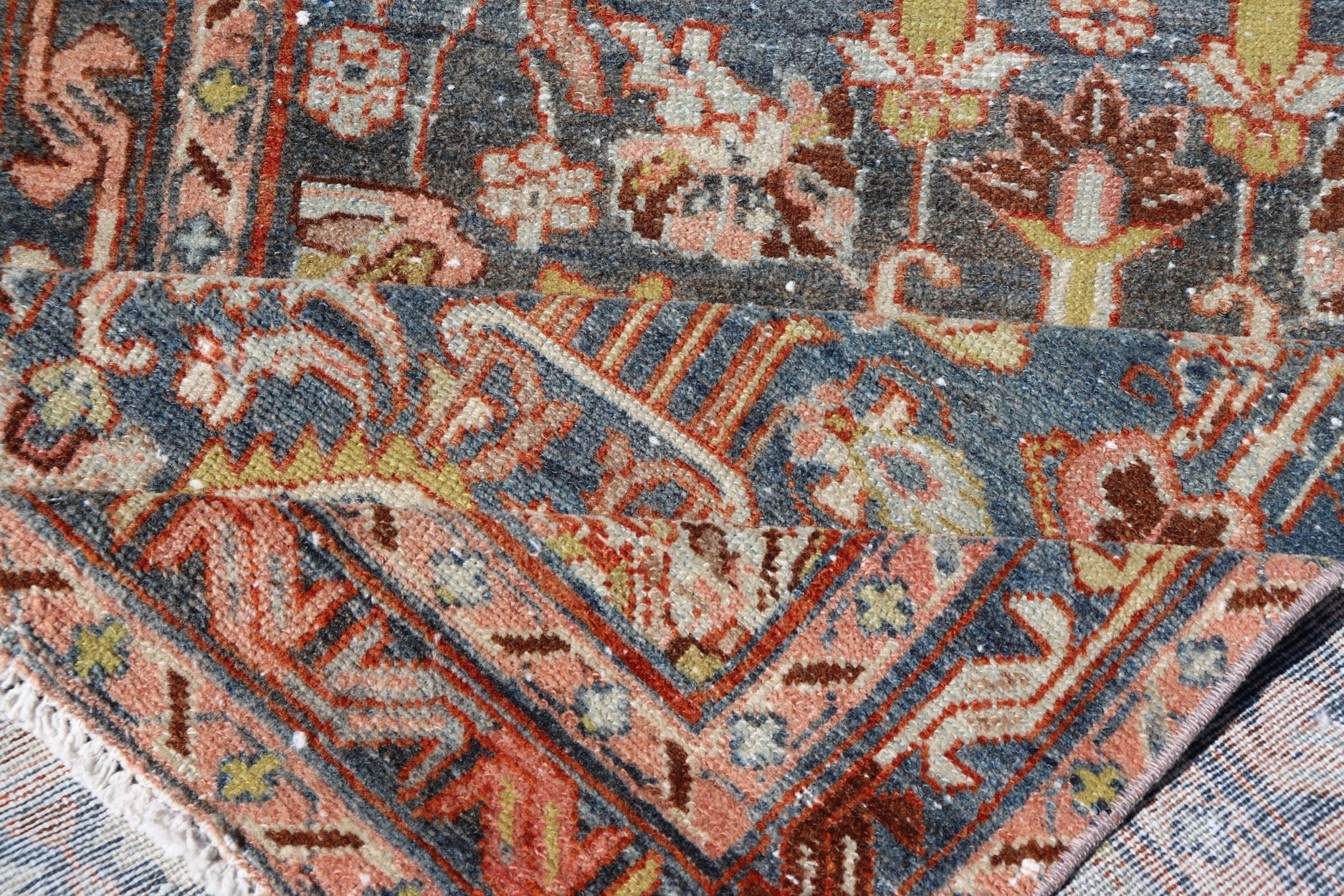 Antique Persian Malayer Runner All - Over Floral Design on A Blue Background This antique Persian Malayer runner is rendered in rich colors, from the blue background to the pink, coral, light yellow, brown, and light blue shown in the design... - Keivan Woven ArtsPTA - 21004 - 18084Rug