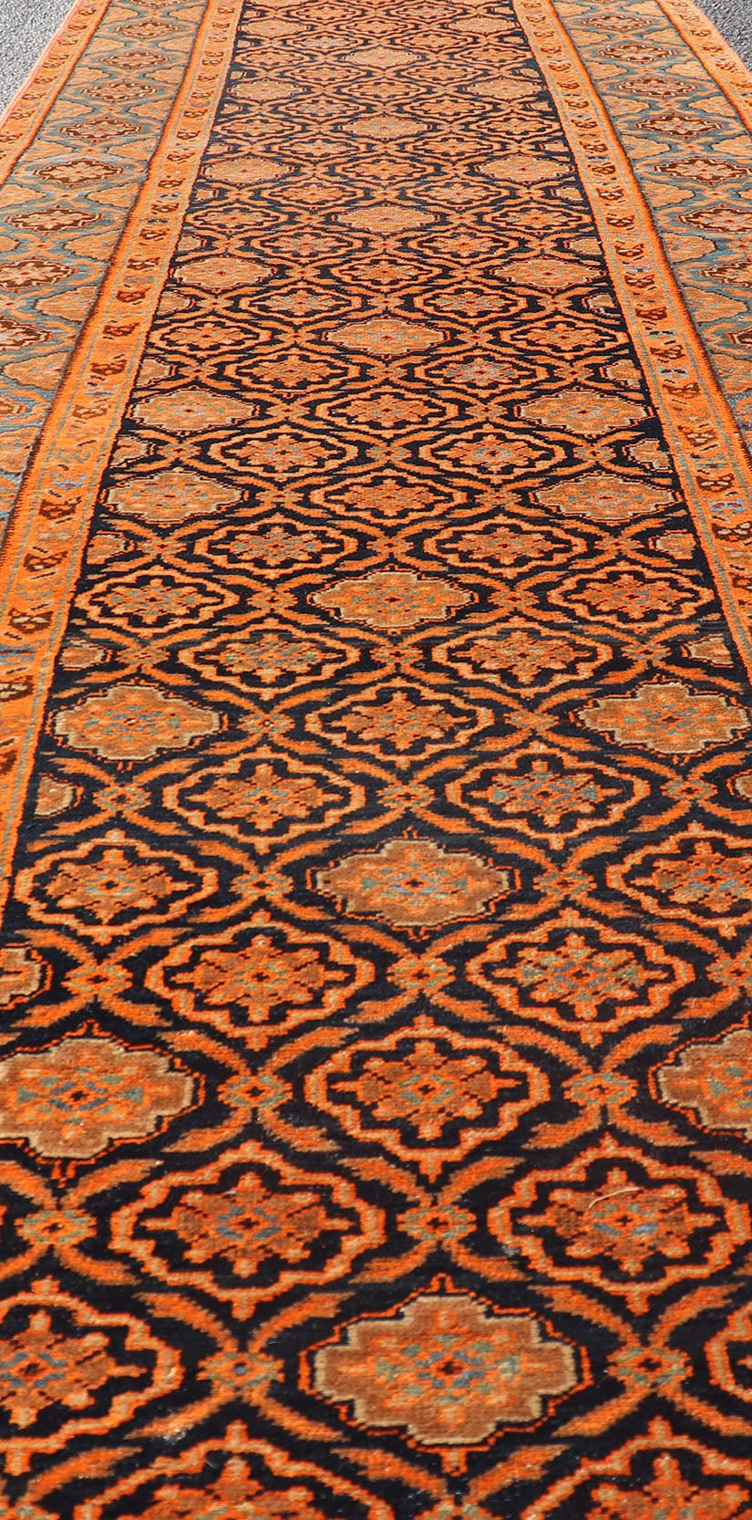 Large Antique Persian Khorasan rug with floral design in navy blue background, blue and orange rug PTA - 21007, country of origin / type: Iran / Khorasan, circa 1910 Keivan Woven Arts Antique Persian Khorasan Runner with All - Over Design in Blue... - Keivan Woven ArtsPTA - 21007 - 18024Rug