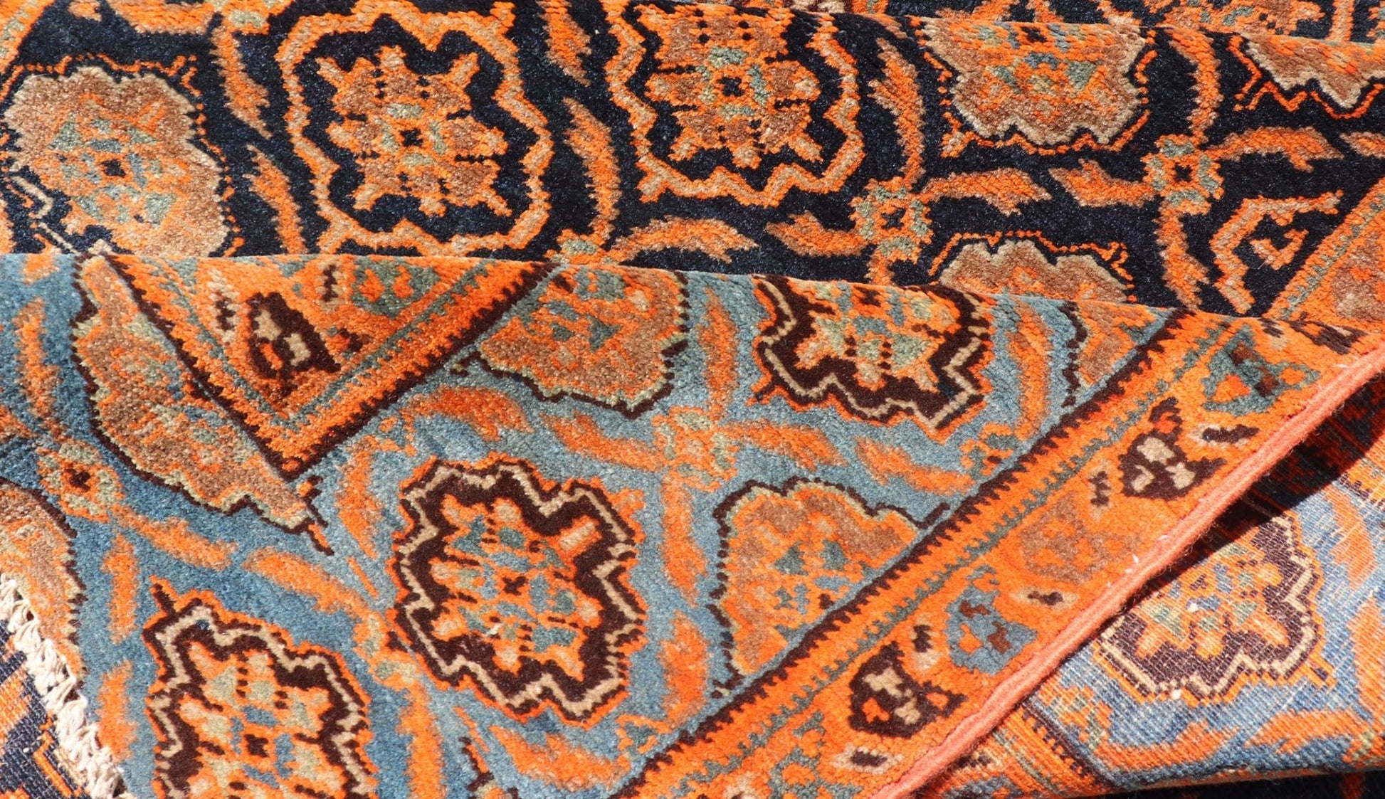 Large Antique Persian Khorasan rug with floral design in navy blue background, blue and orange rug PTA - 21007, country of origin / type: Iran / Khorasan, circa 1910 Keivan Woven Arts Antique Persian Khorasan Runner with All - Over Design in Blue... - Keivan Woven ArtsPTA - 21007 - 18024Rug