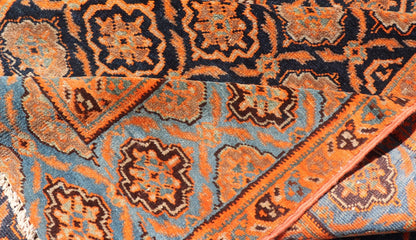 Large Antique Persian Khorasan rug with floral design in navy blue background, blue and orange rug PTA - 21007, country of origin / type: Iran / Khorasan, circa 1910 Keivan Woven Arts Antique Persian Khorasan Runner with All - Over Design in Blue... - Keivan Woven ArtsPTA - 21007 - 18024Rug