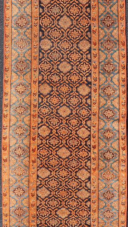 Large Antique Persian Khorasan rug with floral design in navy blue background, blue and orange rug PTA - 21007, country of origin / type: Iran / Khorasan, circa 1910 Keivan Woven Arts Antique Persian Khorasan Runner with All - Over Design in Blue... - Keivan Woven ArtsPTA - 21007 - 18024Rug