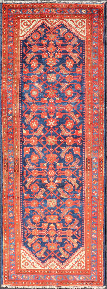 Antique Malayer Runner with All - Over Geometric Herati Design. Keivan Woven Arts This Antique Malayer features a symmetrical all - over, repeating geometric Herati Design set upon a dark blue background. The herati patterns are complemented by a ... - Keivan Woven ArtsPTA - 21009 - 18030