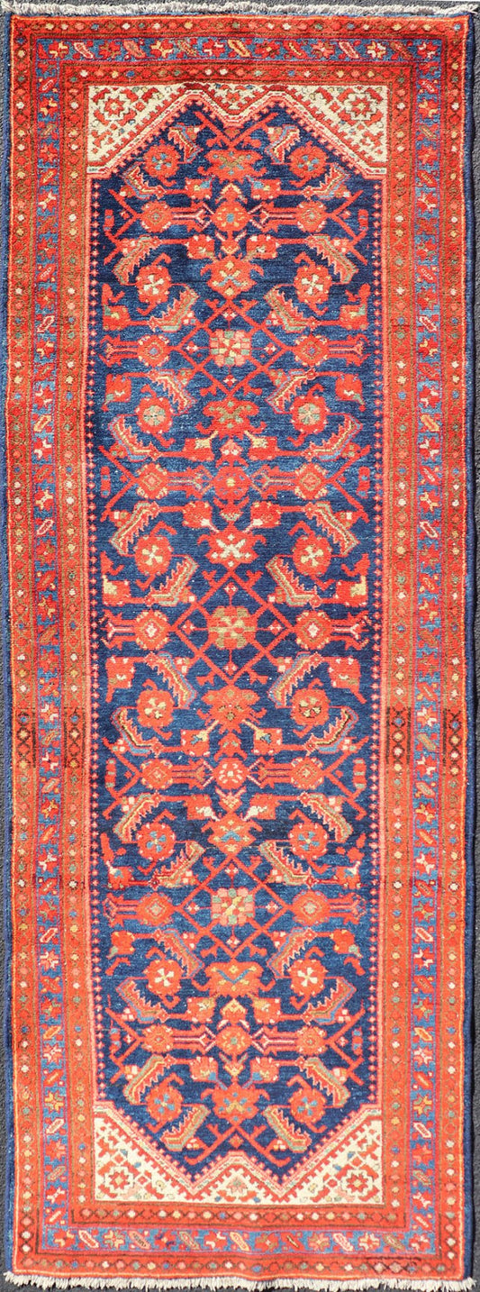 Antique Malayer Runner with All - Over Geometric Herati Design. Keivan Woven Arts This Antique Malayer features a symmetrical all - over, repeating geometric Herati Design set upon a dark blue background. The herati patterns are complemented by a ... - Keivan Woven ArtsPTA - 21009 - 18030
