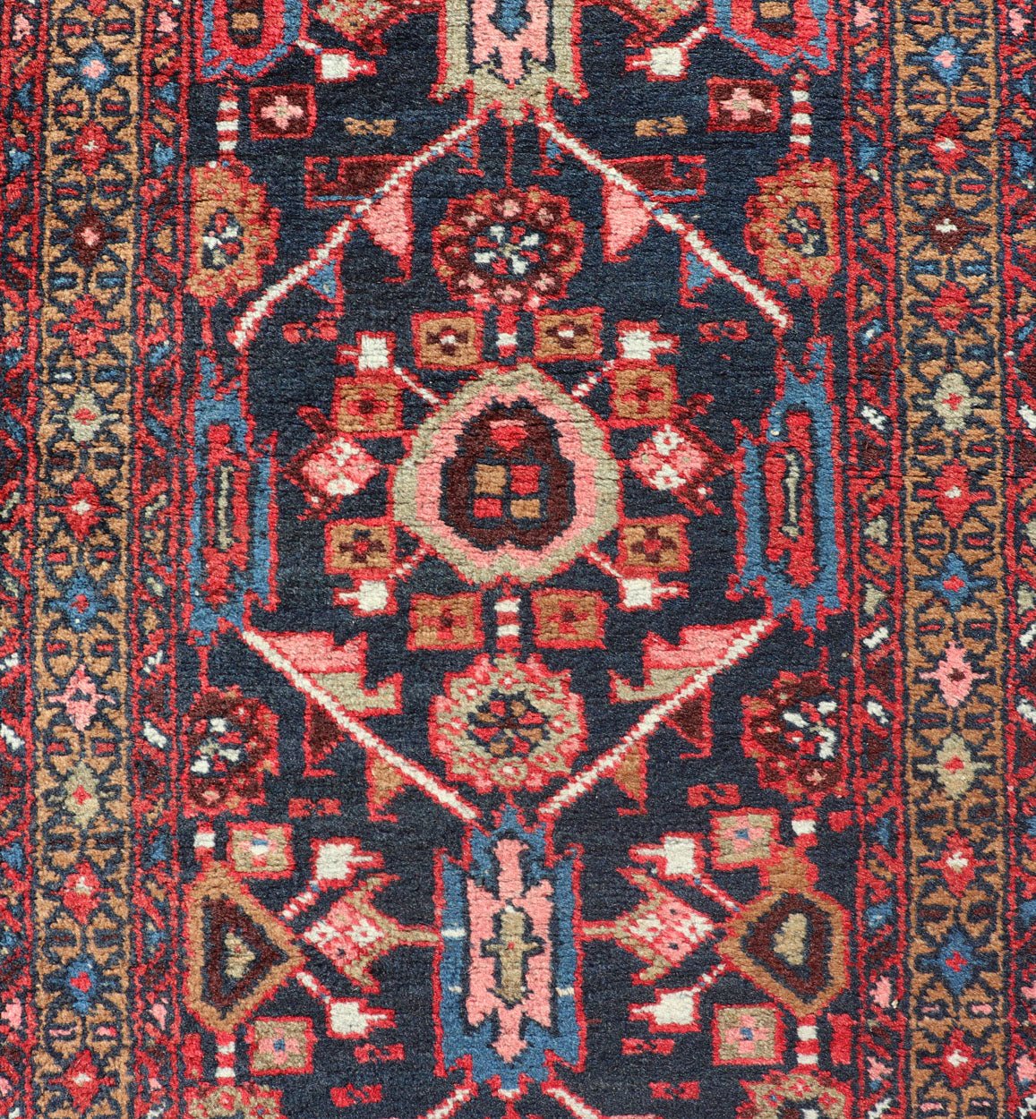 Vintage Persian Heriz Runner with Geometric - Tribal Medallions in Blue Blue Background Persian Heriz runner with vertical geometric - tribal medallions, rug PTA - 21010, country of origin / type: Heriz/Karajeh, circa 1930. Keivan Woven Arts Atlanta ... - Keivan Woven ArtsPTA - 21010 - 18036Rug