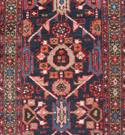 Vintage Persian Heriz Runner with Geometric - Tribal Medallions in Blue Blue Background Persian Heriz runner with vertical geometric - tribal medallions, rug PTA - 21010, country of origin / type: Heriz/Karajeh, circa 1930. Keivan Woven Arts Atlanta ... - Keivan Woven ArtsPTA - 21010 - 18036Rug