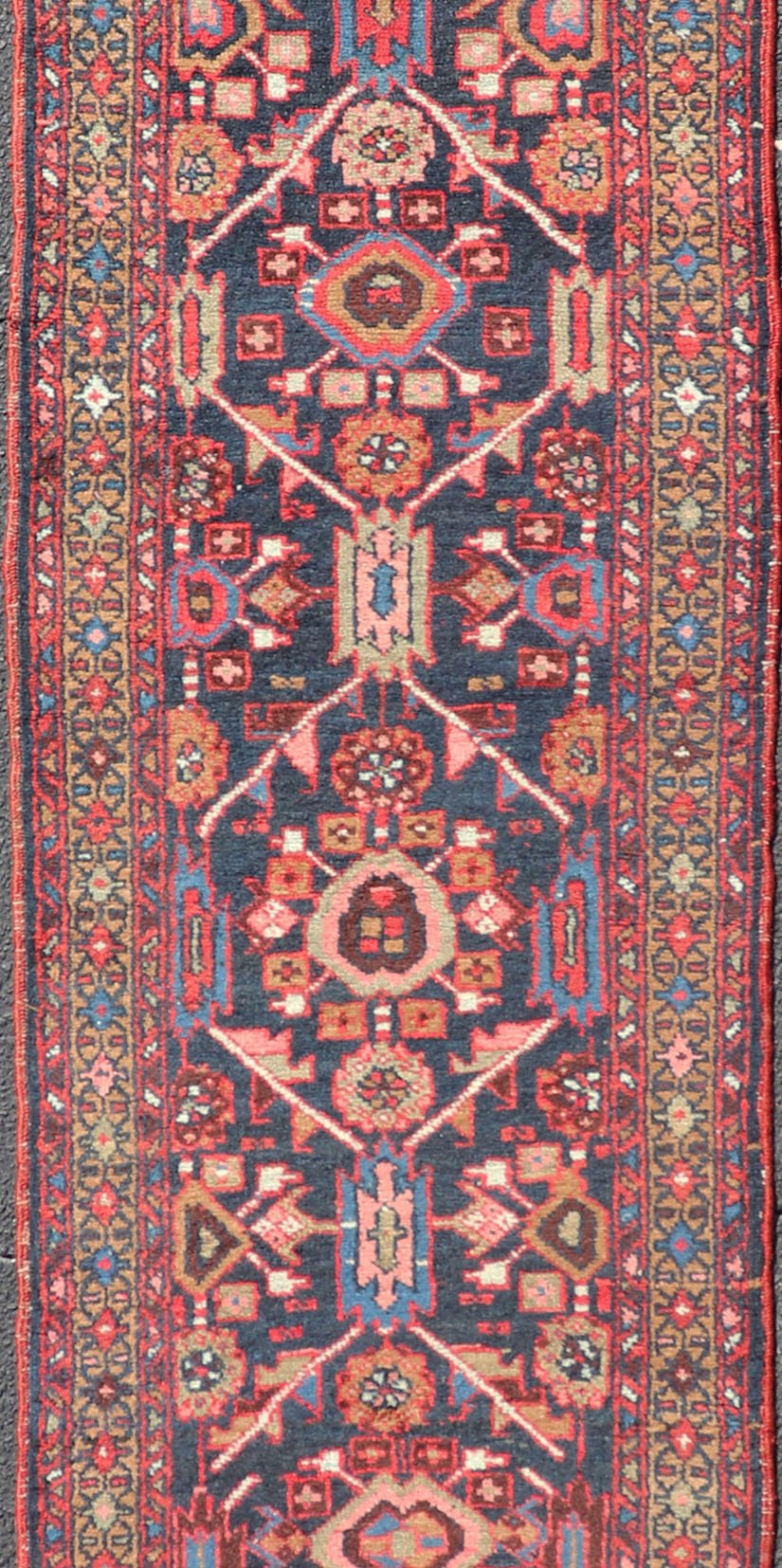 Vintage Persian Heriz Runner with Geometric - Tribal Medallions in Blue Blue Background Persian Heriz runner with vertical geometric - tribal medallions, rug PTA - 21010, country of origin / type: Heriz/Karajeh, circa 1930. Keivan Woven Arts Atlanta ... - Keivan Woven ArtsPTA - 21010 - 18036Rug