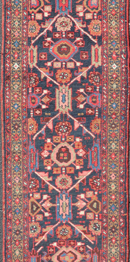 Vintage Persian Heriz Runner with Geometric - Tribal Medallions in Blue Blue Background Persian Heriz runner with vertical geometric - tribal medallions, rug PTA - 21010, country of origin / type: Heriz/Karajeh, circa 1930. Keivan Woven Arts Atlanta ... - Keivan Woven ArtsPTA - 21010 - 18036Rug