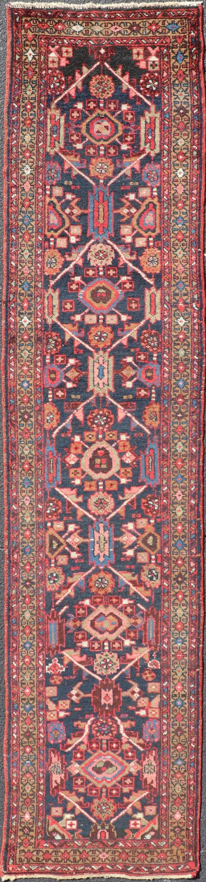 Vintage Persian Heriz Runner with Geometric - Tribal Medallions in Blue Blue Background Persian Heriz runner with vertical geometric - tribal medallions, rug PTA - 21010, country of origin / type: Heriz/Karajeh, circa 1930. Keivan Woven Arts Atlanta ... - Keivan Woven ArtsPTA - 21010 - 18036Rug