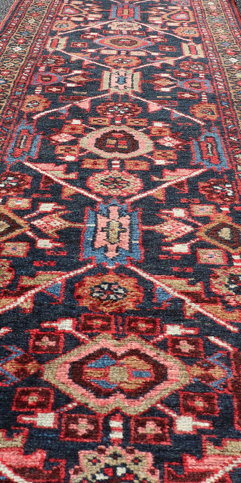 Vintage Persian Heriz Runner with Geometric - Tribal Medallions in Blue Blue Background Persian Heriz runner with vertical geometric - tribal medallions, rug PTA - 21010, country of origin / type: Heriz/Karajeh, circa 1930. Keivan Woven Arts Atlanta ... - Keivan Woven ArtsPTA - 21010 - 18036Rug