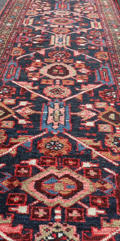 Vintage Persian Heriz Runner with Geometric - Tribal Medallions in Blue Blue Background Persian Heriz runner with vertical geometric - tribal medallions, rug PTA - 21010, country of origin / type: Heriz/Karajeh, circa 1930. Keivan Woven Arts Atlanta ... - Keivan Woven ArtsPTA - 21010 - 18036Rug