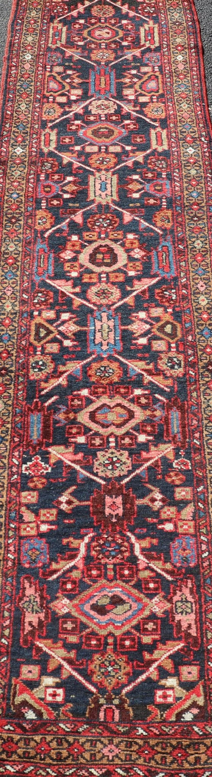 Vintage Persian Heriz Runner with Geometric - Tribal Medallions in Blue Blue Background Persian Heriz runner with vertical geometric - tribal medallions, rug PTA - 21010, country of origin / type: Heriz/Karajeh, circa 1930. Keivan Woven Arts Atlanta ... - Keivan Woven ArtsPTA - 21010 - 18036Rug
