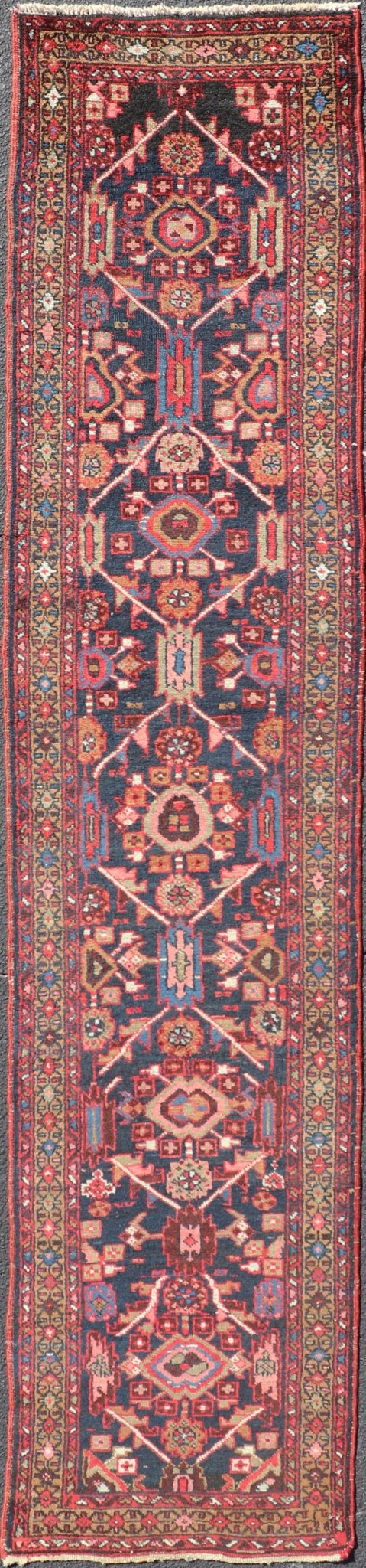 Vintage Persian Heriz Runner with Geometric - Tribal Medallions in Blue Blue Background Persian Heriz runner with vertical geometric - tribal medallions, rug PTA - 21010, country of origin / type: Heriz/Karajeh, circa 1930. Keivan Woven Arts Atlanta ... - Keivan Woven ArtsPTA - 21010 - 18036