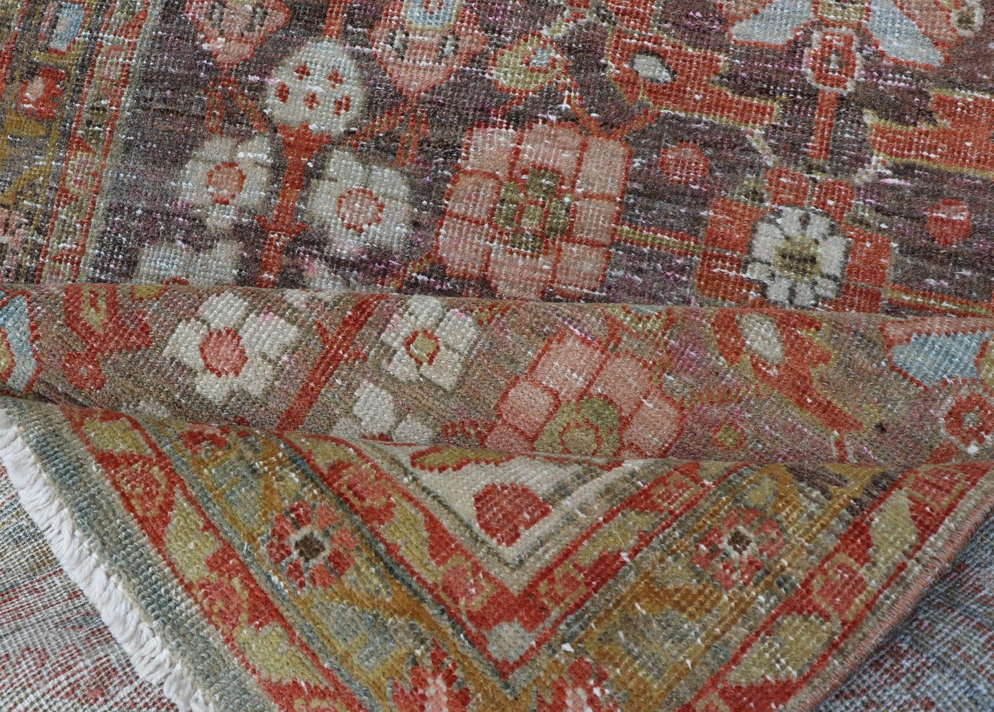 Vintage Persian Distressed Floral Mahal Runner in Red, Orange, Blue and Green Measures 3'5 x 13'5 This wonderful Persian Mahal features a floral field and a wide array of shades and colors. The border features red and olive green, intert... - Keivan Woven ArtsPTA - 21013 - 18102Rug