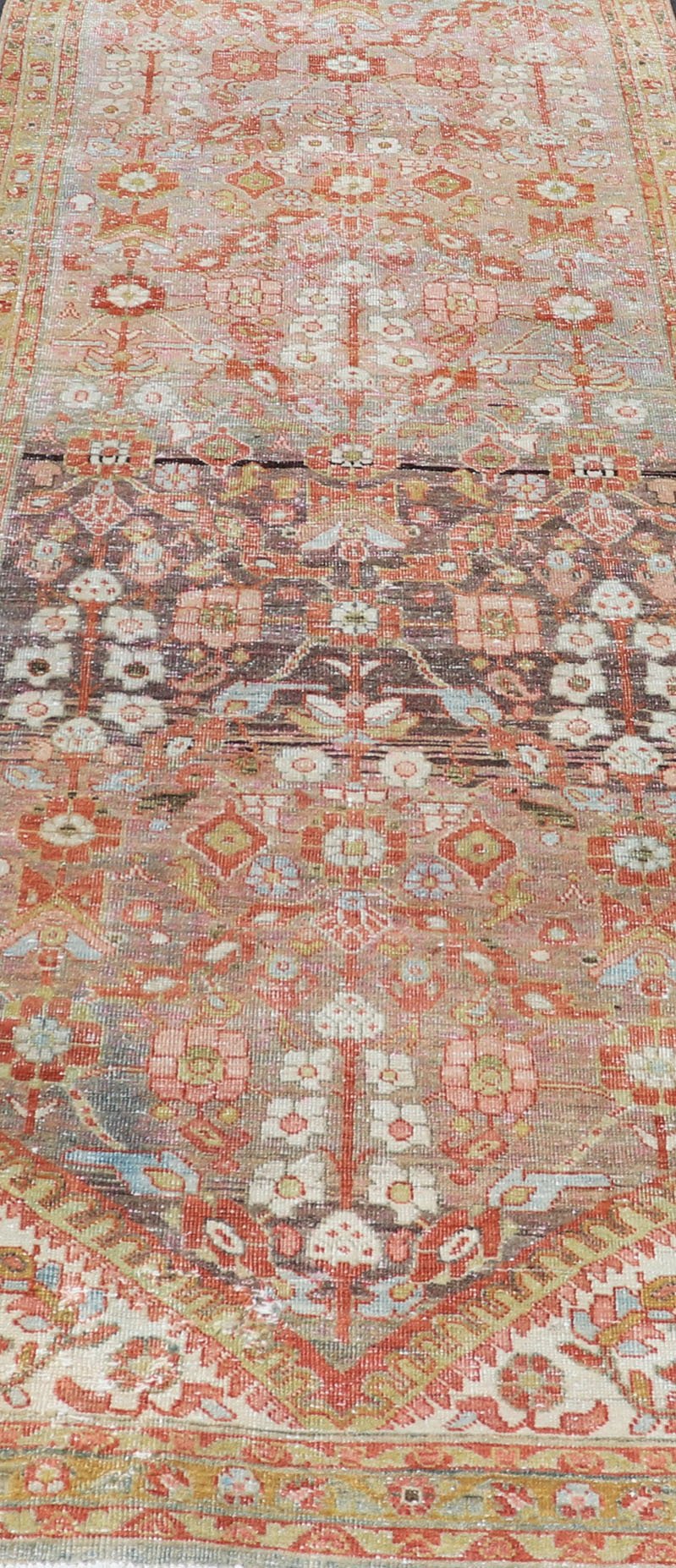Vintage Persian Distressed Floral Mahal Runner in Red, Orange, Blue and Green Measures 3'5 x 13'5 This wonderful Persian Mahal features a floral field and a wide array of shades and colors. The border features red and olive green, intert... - Keivan Woven ArtsPTA - 21013 - 18102Rug