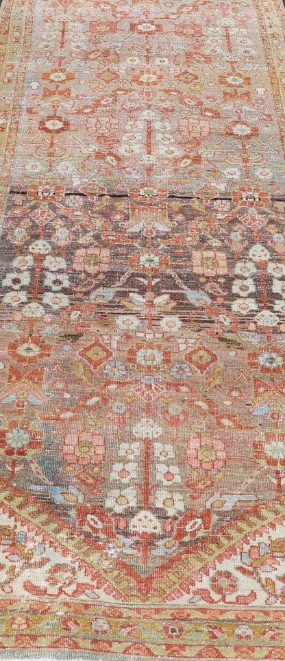 Vintage Persian Distressed Floral Mahal Runner in Red, Orange, Blue and Green Measures 3'5 x 13'5 This wonderful Persian Mahal features a floral field and a wide array of shades and colors. The border features red and olive green, intert... - Keivan Woven ArtsPTA - 21013 - 18102Rug