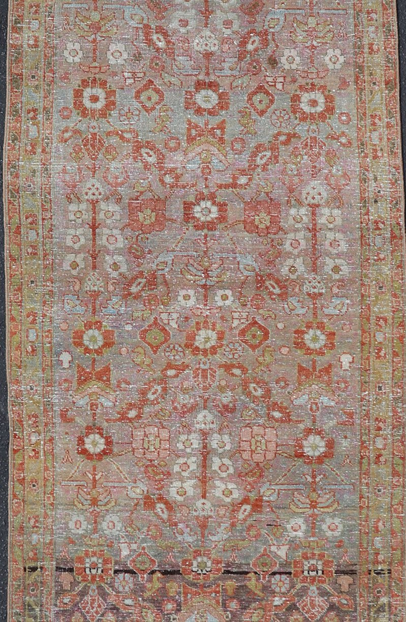 Vintage Persian Distressed Floral Mahal Runner in Red, Orange, Blue and Green Measures 3'5 x 13'5 This wonderful Persian Mahal features a floral field and a wide array of shades and colors. The border features red and olive green, intert... - Keivan Woven ArtsPTA - 21013 - 18102Rug