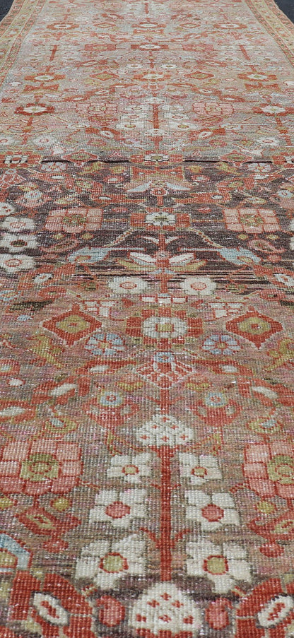 Vintage Persian Distressed Floral Mahal Runner in Red, Orange, Blue and Green Measures 3'5 x 13'5 This wonderful Persian Mahal features a floral field and a wide array of shades and colors. The border features red and olive green, intert... - Keivan Woven ArtsPTA - 21013 - 18102Rug