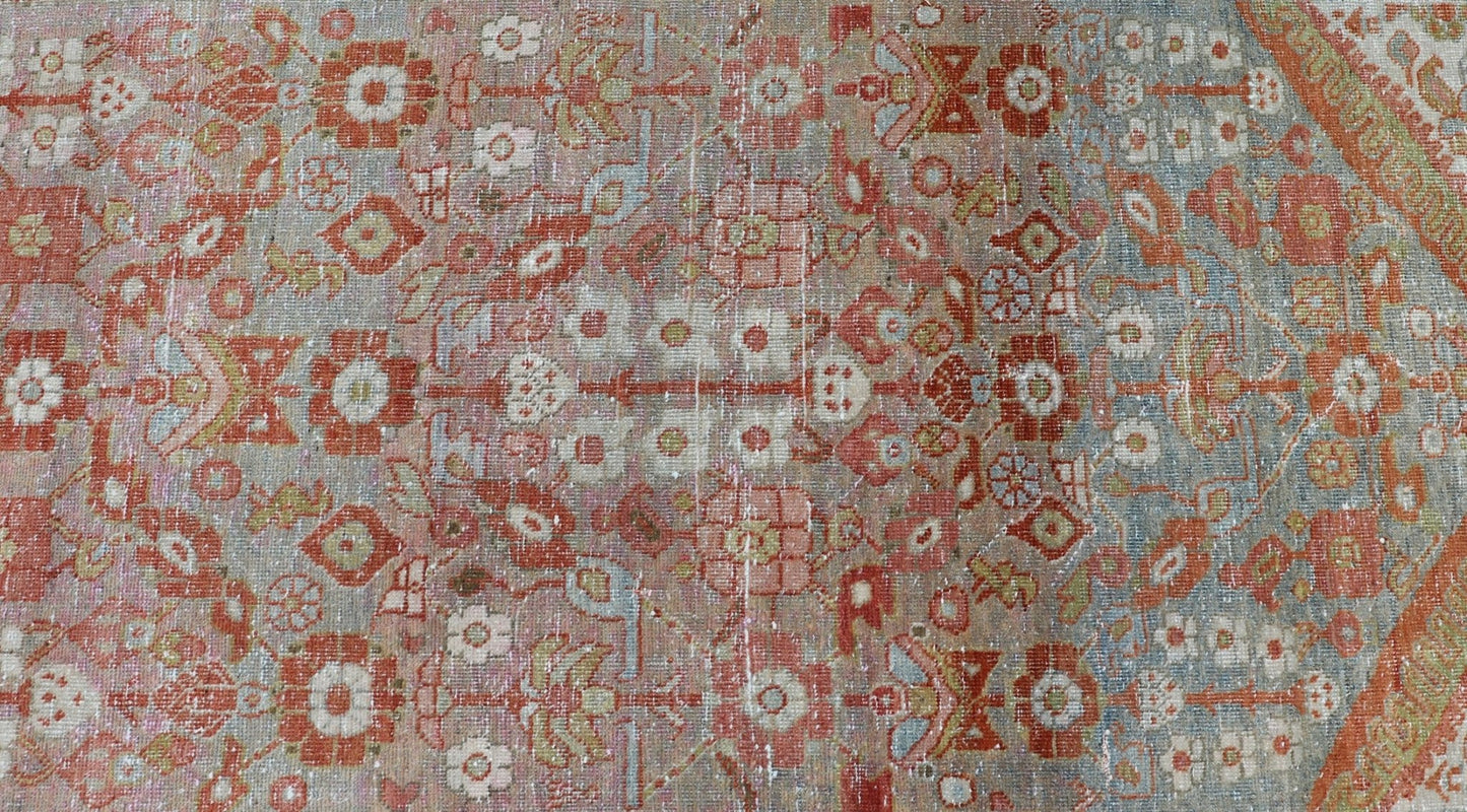 Vintage Persian Distressed Floral Mahal Runner in Red, Orange, Blue and Green Measures 3'5 x 13'5 This wonderful Persian Mahal features a floral field and a wide array of shades and colors. The border features red and olive green, intert... - Keivan Woven ArtsPTA - 21013 - 18102Rug