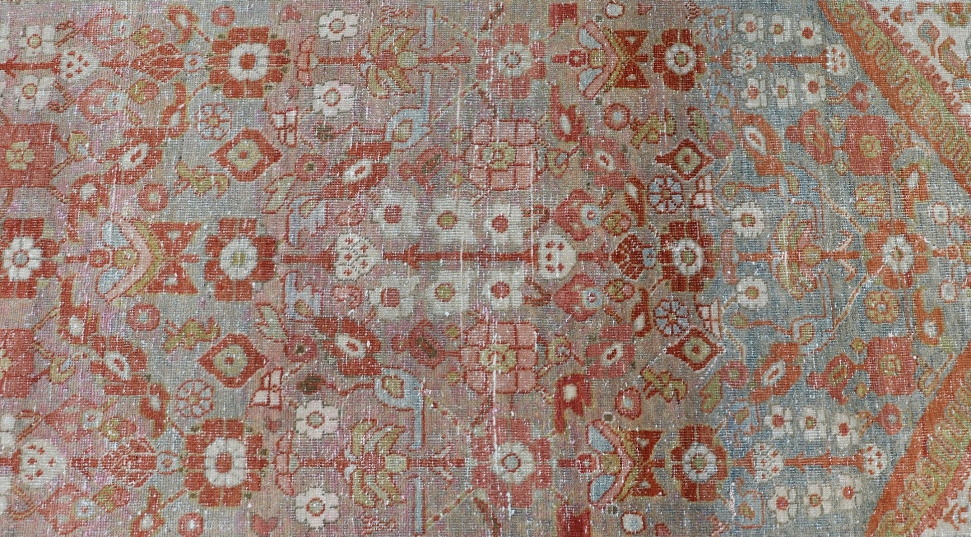 Vintage Persian Distressed Floral Mahal Runner in Red, Orange, Blue and Green Measures 3'5 x 13'5 This wonderful Persian Mahal features a floral field and a wide array of shades and colors. The border features red and olive green, intert... - Keivan Woven ArtsPTA - 21013 - 18102Rug