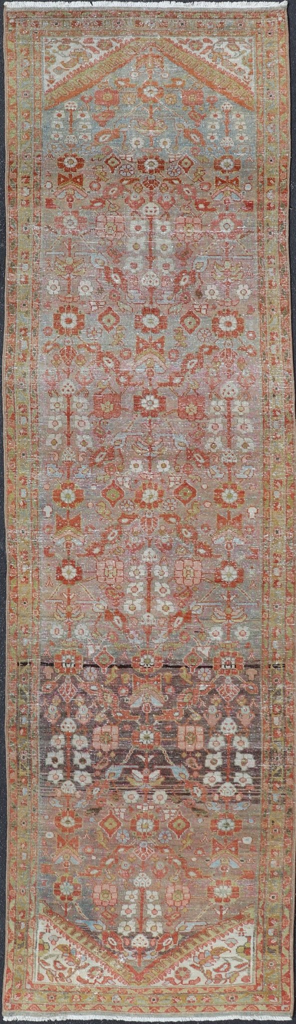 Vintage Persian Distressed Floral Mahal Runner in Red, Orange, Blue and Green Measures 3'5 x 13'5 This wonderful Persian Mahal features a floral field and a wide array of shades and colors. The border features red and olive green, intert... - Keivan Woven ArtsPTA - 21013 - 18102Rug