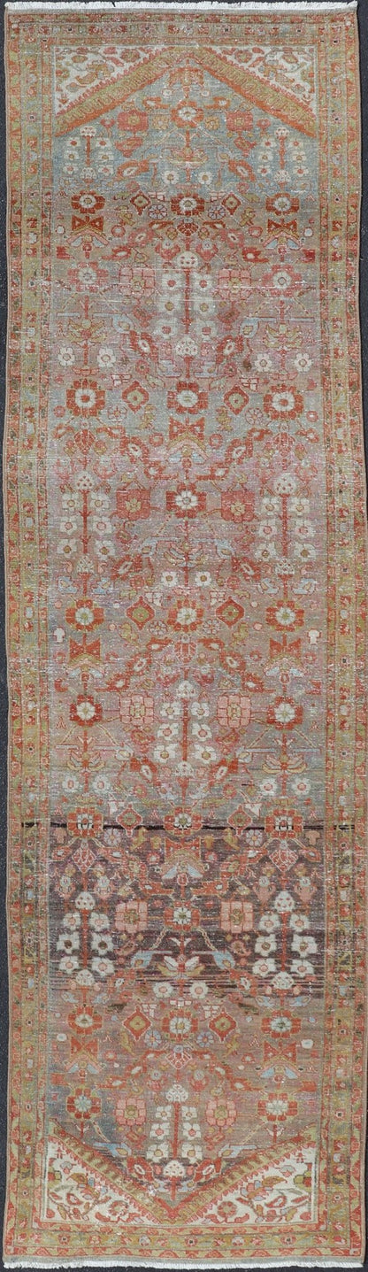 Vintage Persian Distressed Floral Mahal Runner in Red, Orange, Blue and Green Measures 3'5 x 13'5 This wonderful Persian Mahal features a floral field and a wide array of shades and colors. The border features red and olive green, intert... - Keivan Woven ArtsPTA - 21013 - 18102Rug