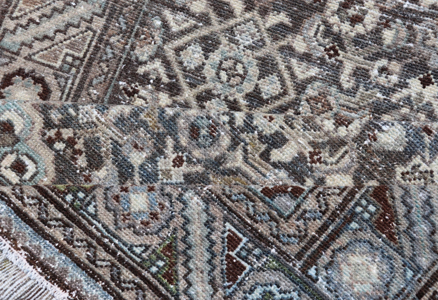 Antique Persian Malayer Hand - Knotted Runner in Wool in Brown, Gray, and Blue This antique Persian Malayer runner is rendered in shades of brown, blue, cream and bronze. The field and the border both hold an all - over design. Measures; 3'... - Keivan Woven ArtsPTA - 21014 - 18108