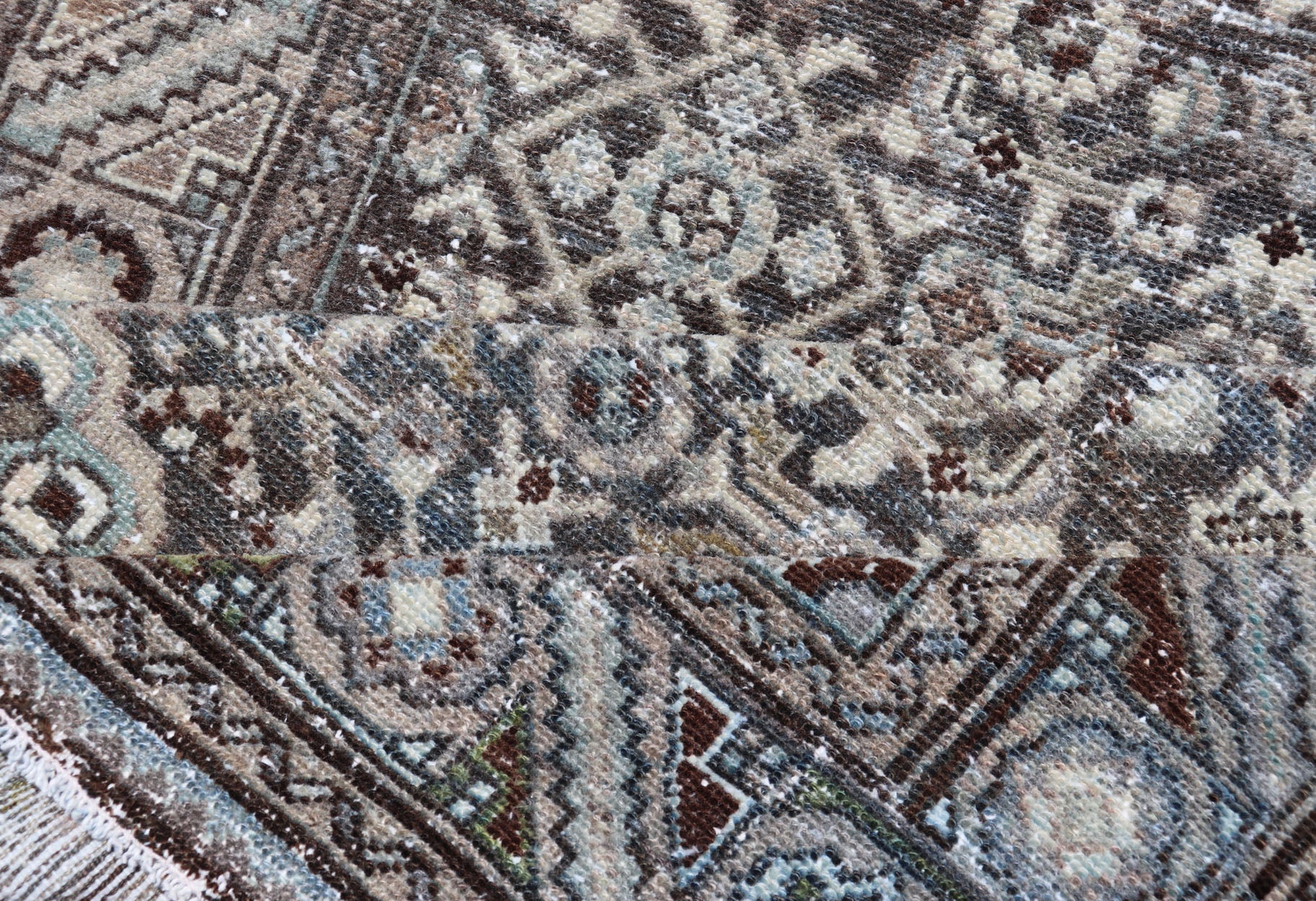 Antique Persian Malayer Hand - Knotted Runner in Wool in Brown, Gray, and Blue This antique Persian Malayer runner is rendered in shades of brown, blue, cream and bronze. The field and the border both hold an all - over design. Measures; 3'... - Keivan Woven ArtsPTA - 21014 - 18108