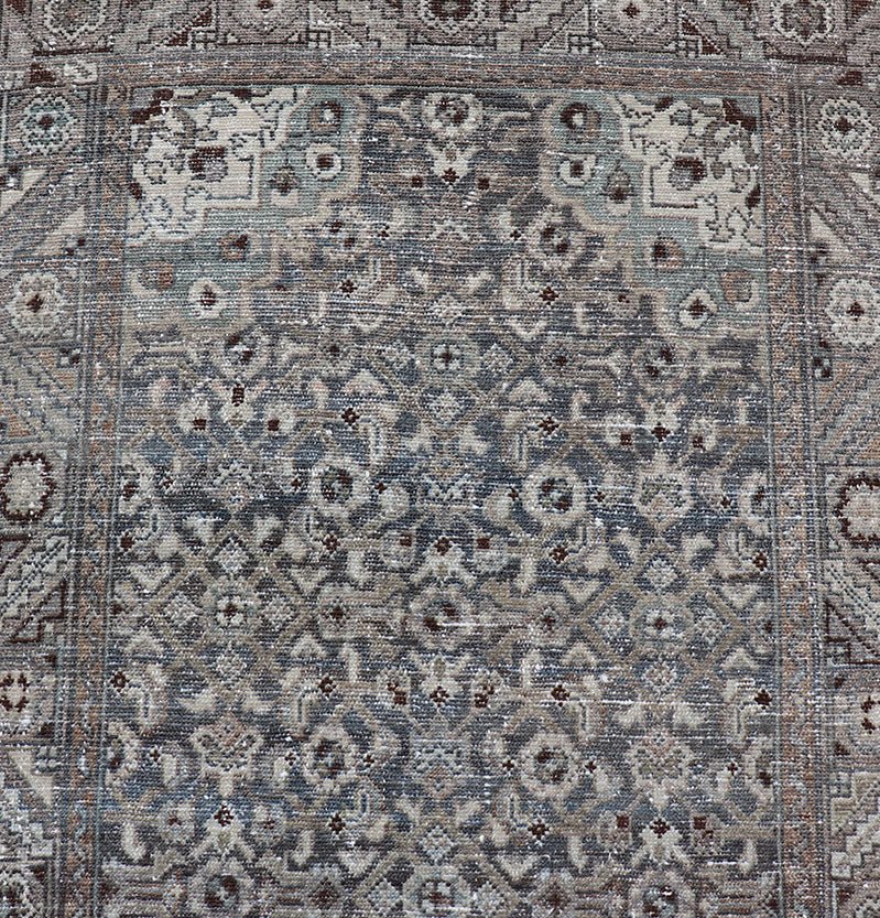 Antique Persian Malayer Hand - Knotted Runner in Wool in Brown, Gray, and Blue This antique Persian Malayer runner is rendered in shades of brown, blue, cream and bronze. The field and the border both hold an all - over design. Measures; 3'... - Keivan Woven ArtsPTA - 21014 - 18108