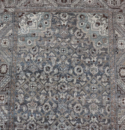 Antique Persian Malayer Hand - Knotted Runner in Wool in Brown, Gray, and Blue This antique Persian Malayer runner is rendered in shades of brown, blue, cream and bronze. The field and the border both hold an all - over design. Measures; 3'... - Keivan Woven ArtsPTA - 21014 - 18108