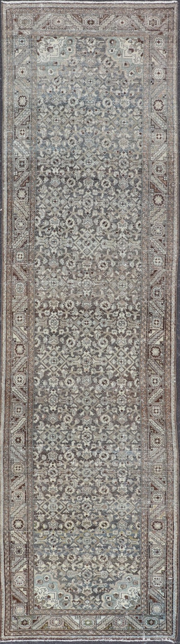 Antique Persian Malayer Hand - Knotted Runner in Wool in Brown, Gray, and Blue This antique Persian Malayer runner is rendered in shades of brown, blue, cream and bronze. The field and the border both hold an all - over design. Measures; 3'... - Keivan Woven ArtsPTA - 21014 - 18108