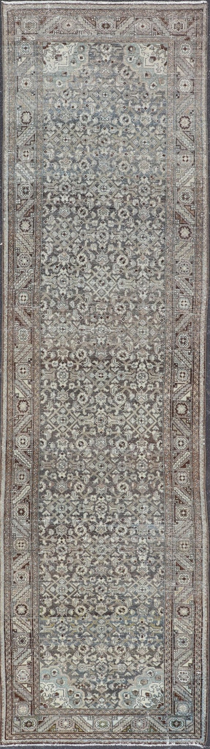 Antique Persian Malayer Hand - Knotted Runner in Wool in Brown, Gray, and Blue This antique Persian Malayer runner is rendered in shades of brown, blue, cream and bronze. The field and the border both hold an all - over design. Measures; 3'... - Keivan Woven ArtsPTA - 21014 - 18108