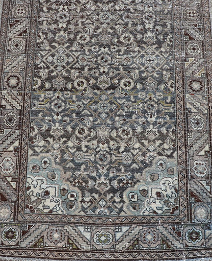 Antique Persian Malayer Hand - Knotted Runner in Wool in Brown, Gray, and Blue This antique Persian Malayer runner is rendered in shades of brown, blue, cream and bronze. The field and the border both hold an all - over design. Measures; 3'... - Keivan Woven ArtsPTA - 21014 - 18108
