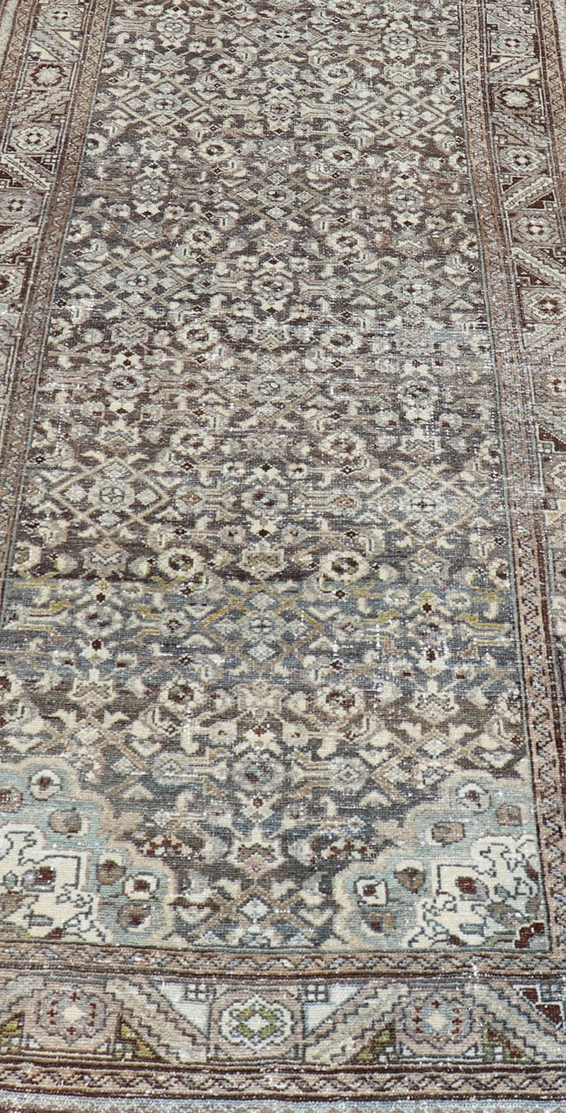 Antique Persian Malayer Hand - Knotted Runner in Wool in Brown, Gray, and Blue This antique Persian Malayer runner is rendered in shades of brown, blue, cream and bronze. The field and the border both hold an all - over design. Measures; 3'... - Keivan Woven ArtsPTA - 21014 - 18108