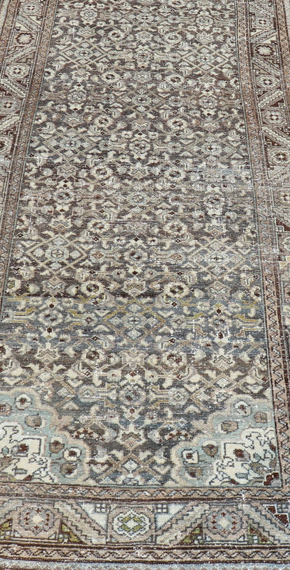 Antique Persian Malayer Hand - Knotted Runner in Wool in Brown, Gray, and Blue This antique Persian Malayer runner is rendered in shades of brown, blue, cream and bronze. The field and the border both hold an all - over design. Measures; 3'... - Keivan Woven ArtsPTA - 21014 - 18108