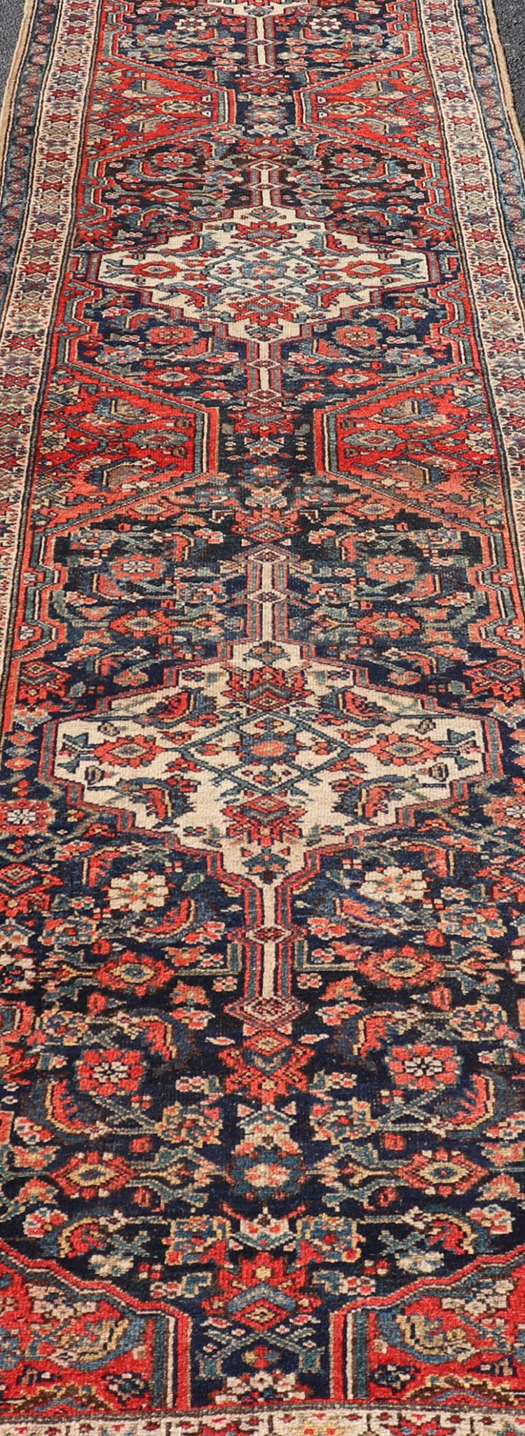 Antique Malayer Persian Long Runner with Geometric Herati Pattern and Tri - Medallion Design This magnificent antique Persian Malayer, woven in the 1920s, features a stunning tri - medallion design running along the length of the piece set upon a ... - Keivan Woven ArtsPTA - 21016 - 17358