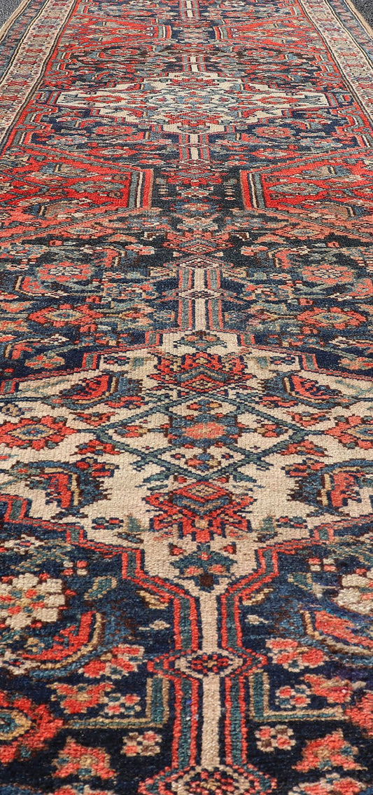 Antique Malayer Persian Long Runner with Geometric Herati Pattern and Tri - Medallion Design This magnificent antique Persian Malayer, woven in the 1920s, features a stunning tri - medallion design running along the length of the piece set upon a ... - Keivan Woven ArtsPTA - 21016 - 17358