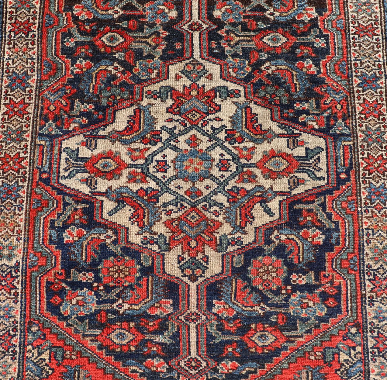Antique Malayer Persian Long Runner with Geometric Herati Pattern and Tri - Medallion Design This magnificent antique Persian Malayer, woven in the 1920s, features a stunning tri - medallion design running along the length of the piece set upon a ... - Keivan Woven ArtsPTA - 21016 - 17358
