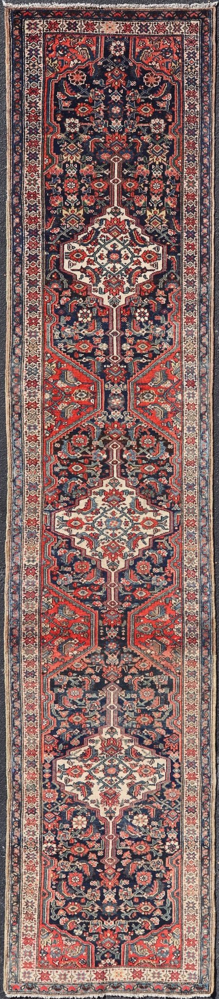 Antique Malayer Persian Long Runner with Geometric Herati Pattern and Tri - Medallion Design This magnificent antique Persian Malayer, woven in the 1920s, features a stunning tri - medallion design running along the length of the piece set upon a ... - Keivan Woven ArtsPTA - 21016 - 17358