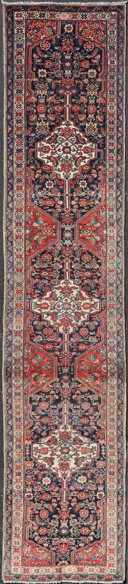 Antique Malayer Persian Long Runner with Geometric Herati Pattern and Tri - Medallion Design This magnificent antique Persian Malayer, woven in the 1920s, features a stunning tri - medallion design running along the length of the piece set upon a ... - Keivan Woven ArtsPTA - 21016 - 17358