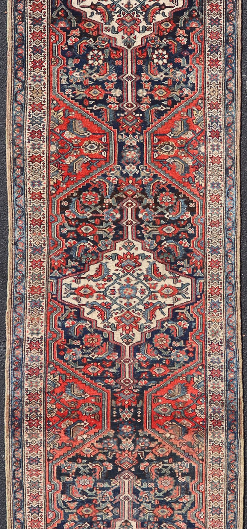 Antique Malayer Persian Long Runner with Geometric Herati Pattern and Tri - Medallion Design This magnificent antique Persian Malayer, woven in the 1920s, features a stunning tri - medallion design running along the length of the piece set upon a ... - Keivan Woven ArtsPTA - 21016 - 17358
