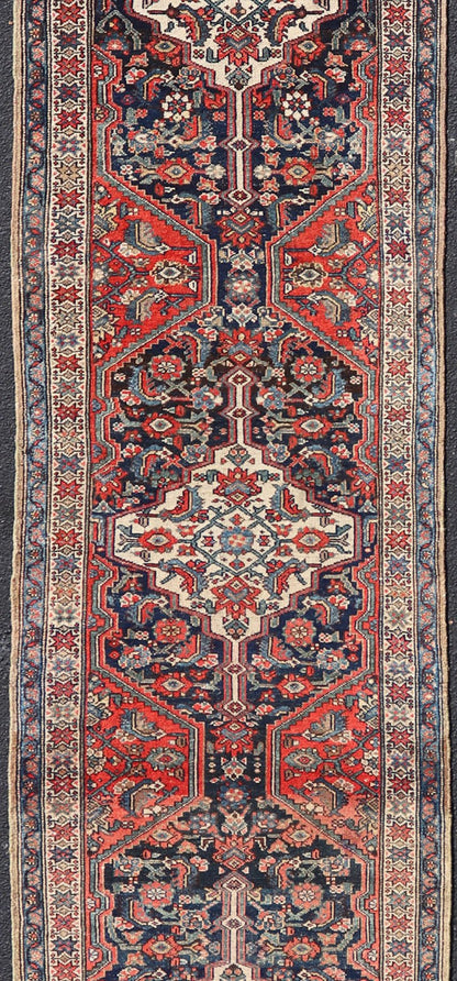Antique Malayer Persian Long Runner with Geometric Herati Pattern and Tri - Medallion Design This magnificent antique Persian Malayer, woven in the 1920s, features a stunning tri - medallion design running along the length of the piece set upon a ... - Keivan Woven ArtsPTA - 21016 - 17358Rug