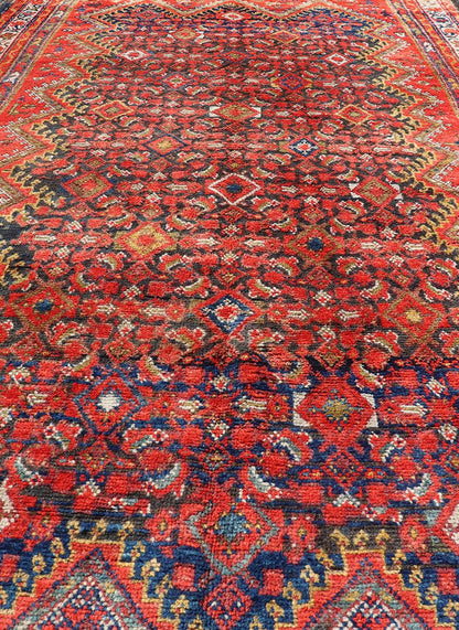 Antique Gallery Malayer with All - Over Herati and Diamond Design in Blue, orange red, yellow, green, ivory, Persian gallery rug, Persian Malayer rug, Persian Malayer Gallery Rug. This magnificent Malayer antique Gallery rug features an all - over... - Keivan Woven ArtsPTA - 21017 - 17364Rug