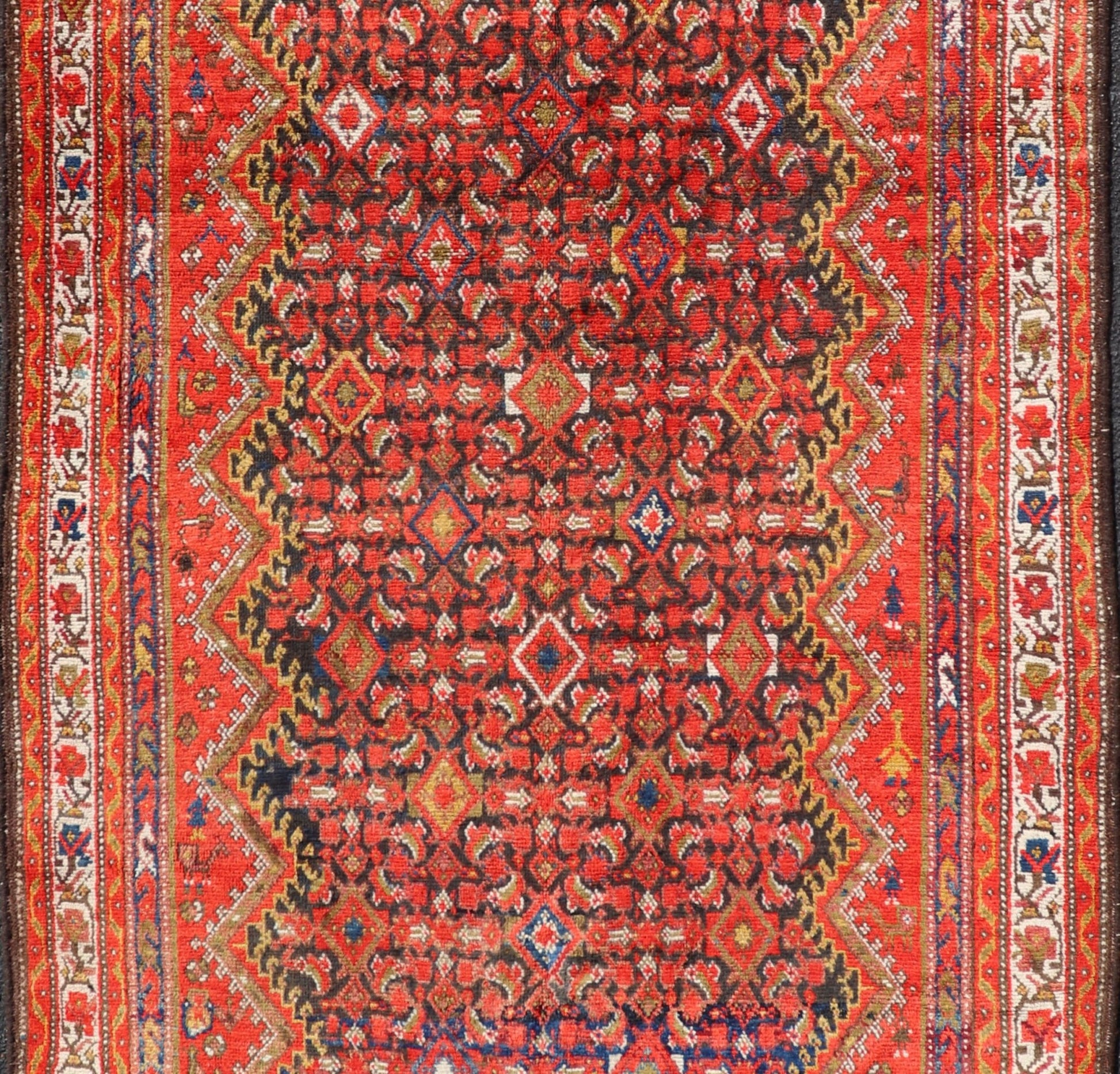 Antique Gallery Malayer with All - Over Herati and Diamond Design in Blue, orange red, yellow, green, ivory, Persian gallery rug, Persian Malayer rug, Persian Malayer Gallery Rug. This magnificent Malayer antique Gallery rug features an all - over... - Keivan Woven ArtsPTA - 21017 - 17364