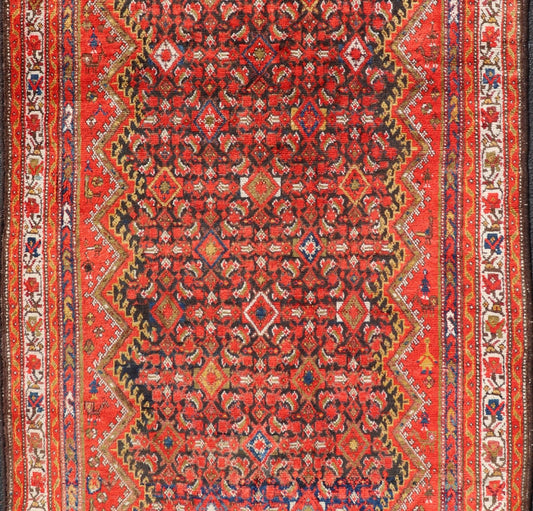 Antique Gallery Malayer with All - Over Herati and Diamond Design in Blue, orange red, yellow, green, ivory, Persian gallery rug, Persian Malayer rug, Persian Malayer Gallery Rug. This magnificent Malayer antique Gallery rug features an all - over... - Keivan Woven ArtsPTA - 21017 - 17364