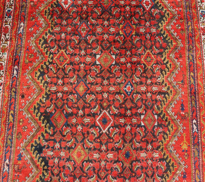 Antique Gallery Malayer with All - Over Herati and Diamond Design in Blue, orange red, yellow, green, ivory, Persian gallery rug, Persian Malayer rug, Persian Malayer Gallery Rug. This magnificent Malayer antique Gallery rug features an all - over... - Keivan Woven ArtsPTA - 21017 - 17364Rug