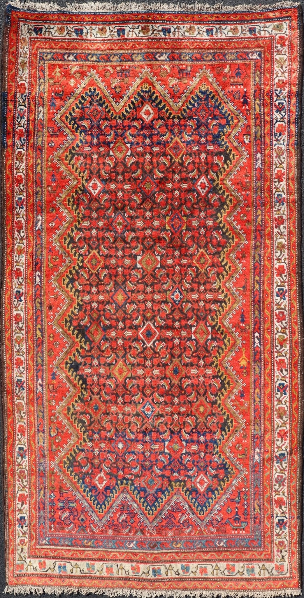 Antique Gallery Malayer with All - Over Herati and Diamond Design in Blue, orange red, yellow, green, ivory, Persian gallery rug, Persian Malayer rug, Persian Malayer Gallery Rug. This magnificent Malayer antique Gallery rug features an all - over... - Keivan Woven ArtsPTA - 21017 - 17364
