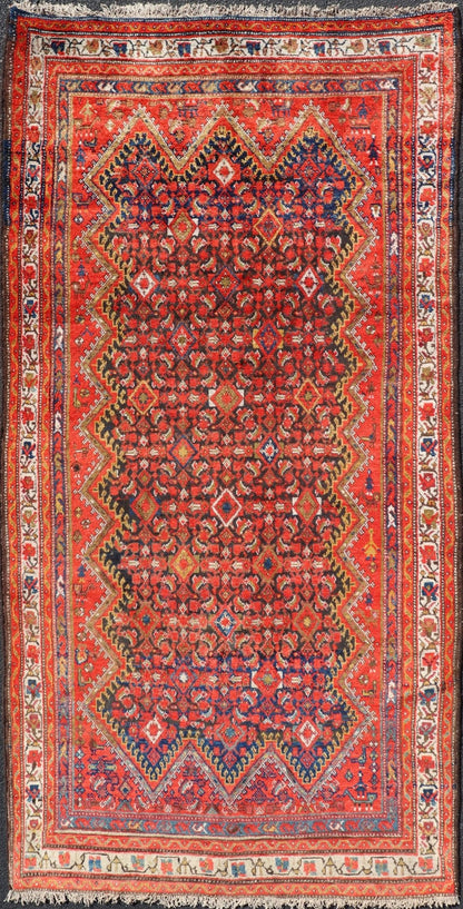 Antique Gallery Malayer with All - Over Herati and Diamond Design in Blue, orange red, yellow, green, ivory, Persian gallery rug, Persian Malayer rug, Persian Malayer Gallery Rug. This magnificent Malayer antique Gallery rug features an all - over... - Keivan Woven ArtsPTA - 21017 - 17364