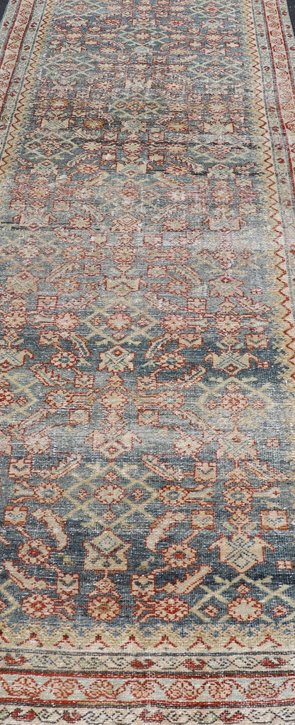 Distressed Antique Persian Malayer Gallery Runner With All - Over Design in Gray, Steel blue and multi colors. Country of Origin: Iran; Type: Malayer; Design: All - Over, Stylized, Floral; Keivan Woven Arts: rug PTA - 21018 Measures 4'2 x 13'2 ... - Keivan Woven ArtsPTA - 21018 - 17370Rug