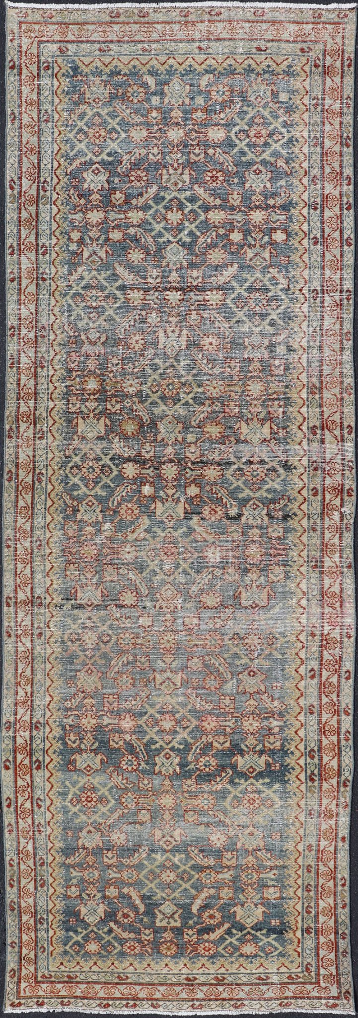Distressed Antique Persian Malayer Gallery Runner With All - Over Design in Gray, Steel blue and multi colors. Country of Origin: Iran; Type: Malayer; Design: All - Over, Stylized, Floral; Keivan Woven Arts: rug PTA - 21018 Measures 4'2 x 13'2 ... - Keivan Woven ArtsPTA - 21018 - 17370Rug