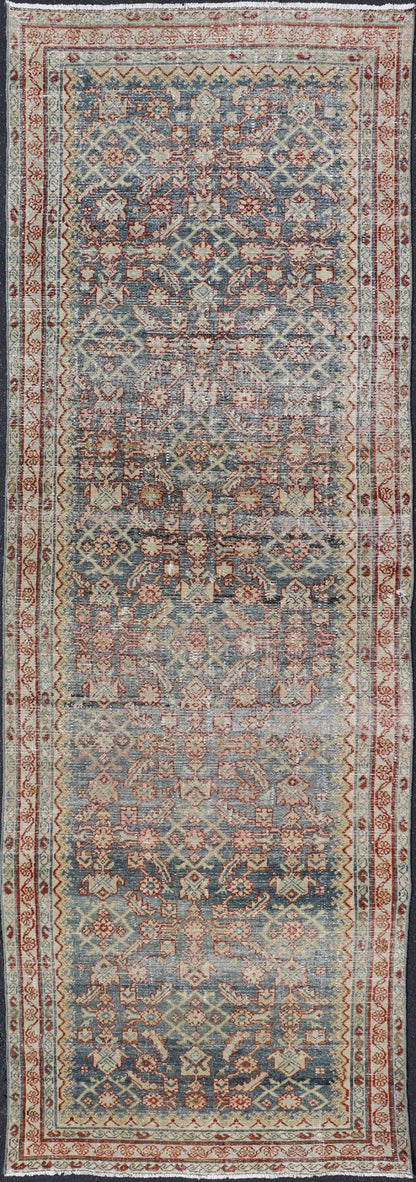 Distressed Antique Persian Malayer Gallery Runner With All - Over Design in Gray, Steel blue and multi colors. Country of Origin: Iran; Type: Malayer; Design: All - Over, Stylized, Floral; Keivan Woven Arts: rug PTA - 21018 Measures 4'2 x 13'2 ... - Keivan Woven ArtsPTA - 21018 - 17370Rug